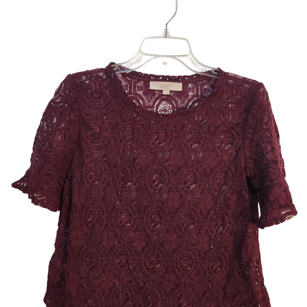 LOFT XS Top Burgundy Lace Ruffle Sleeve‎ Blouse Elegant Womenswear